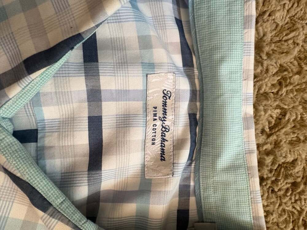 Tommy Bahama Pima Cotton Blue and White Plaid Long Sleeve Button Up Shirt